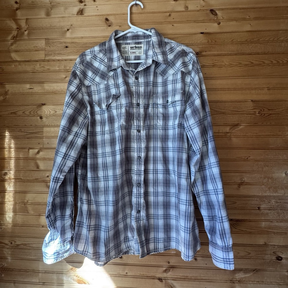 URBAN PIPELINE Plaid Shirt Blue White Pearl Buttons XL Western Street Gorp